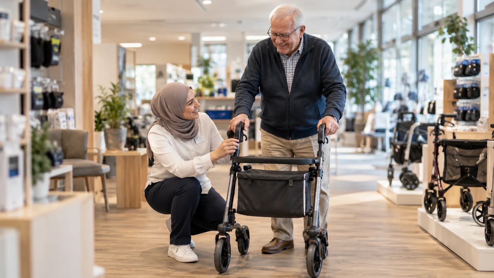 Fachberaterin stellt einen Rollator für einen älteren Kunden ein