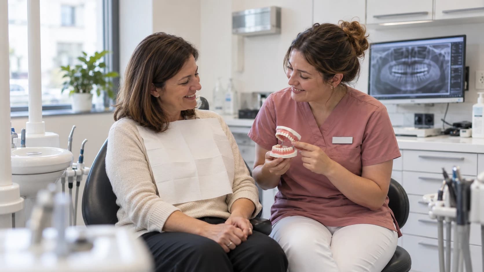 ZFA erklärt einer Patientin ein Gebissmodell