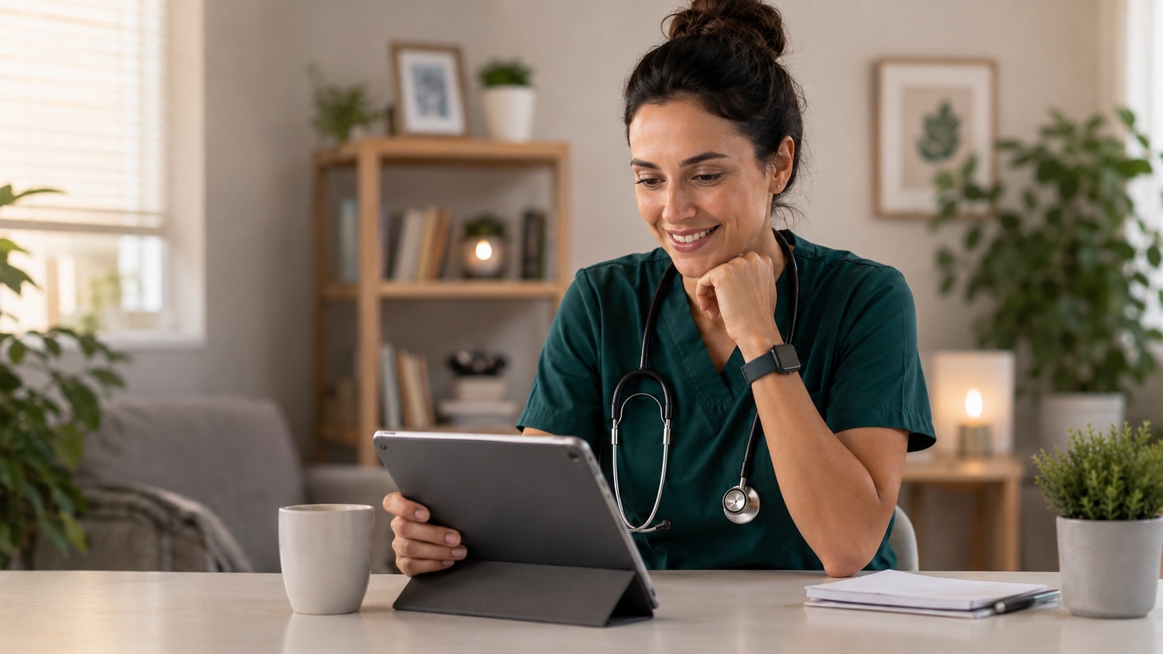 Care-er Teilnehmerin lernt online mit Tablet