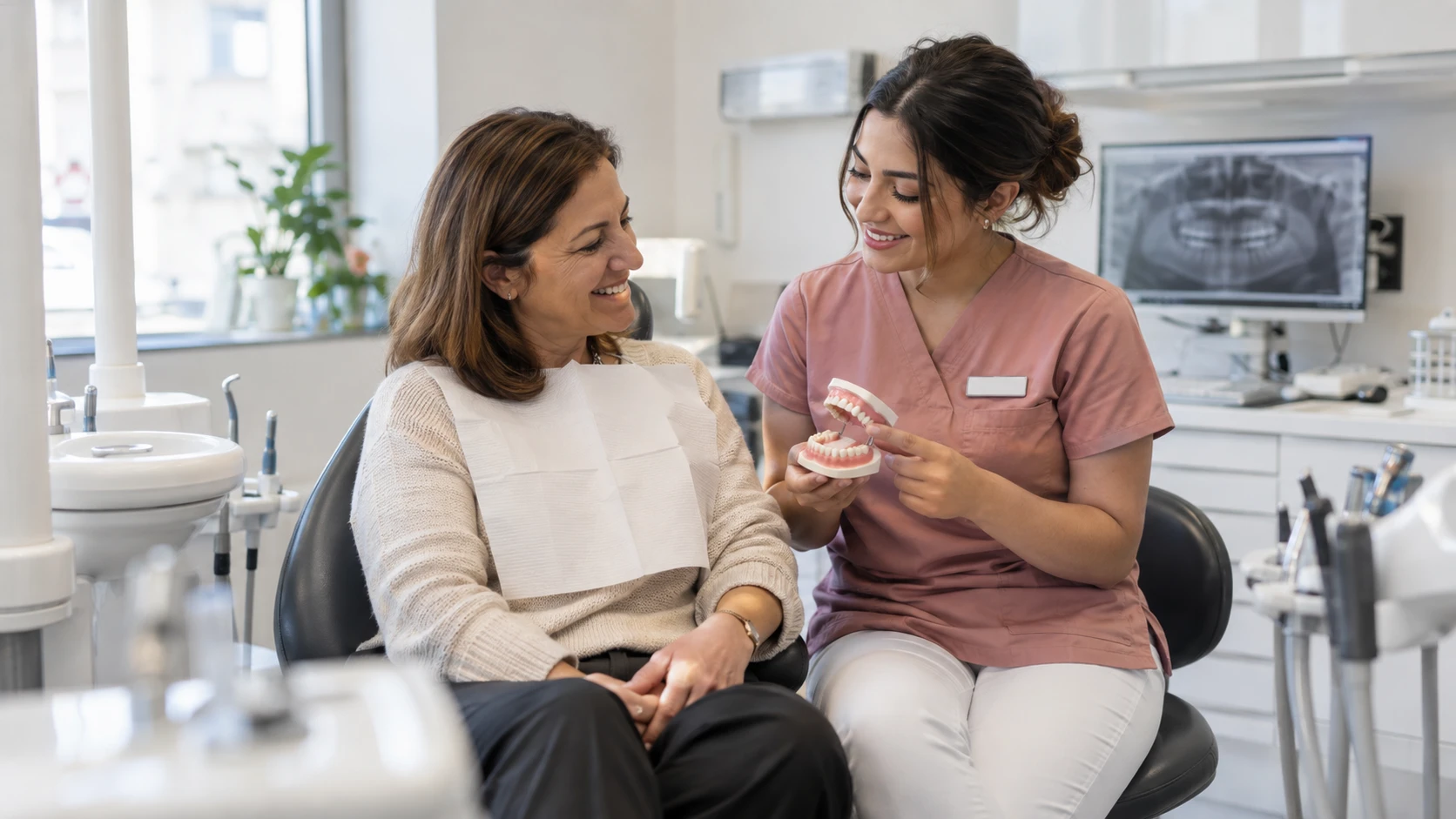 ZFA erklärt einer Patientin ein Zahnmodell