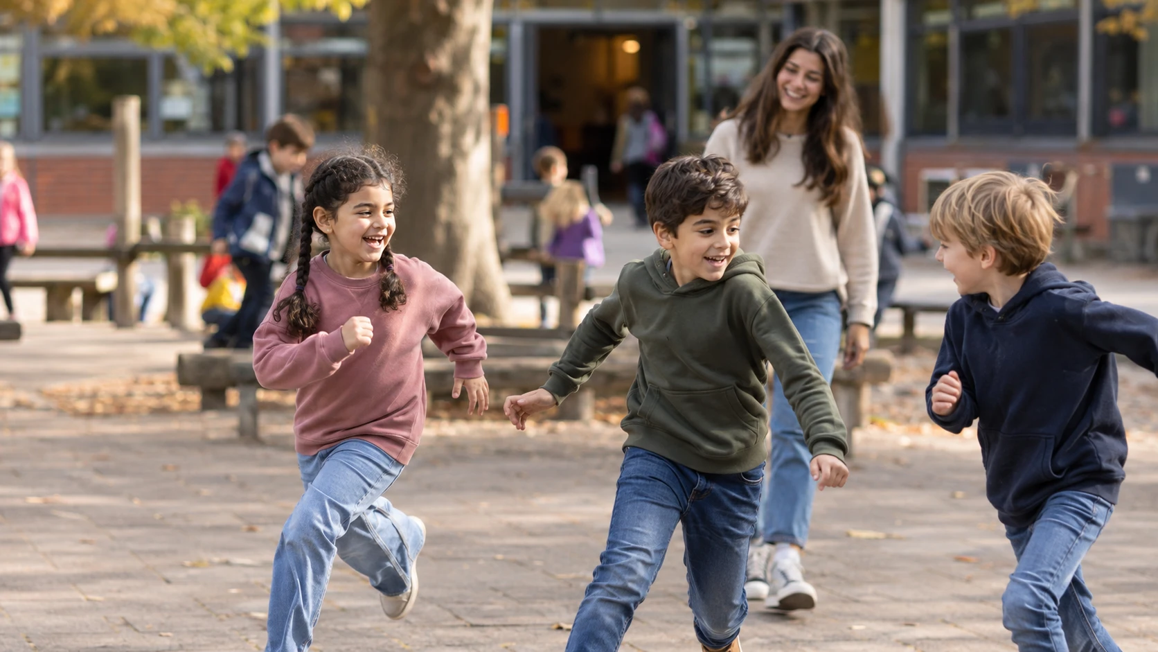 Schulbegleiterin begleitet Kinder beim Spielen auf dem Schulhof